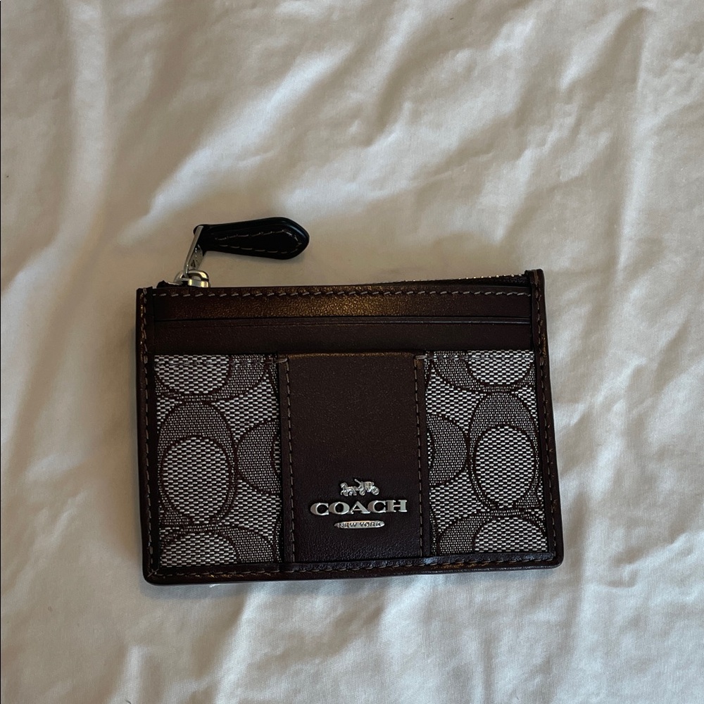 Coach mini skinny ID card case keychain Signature print oak/ maple